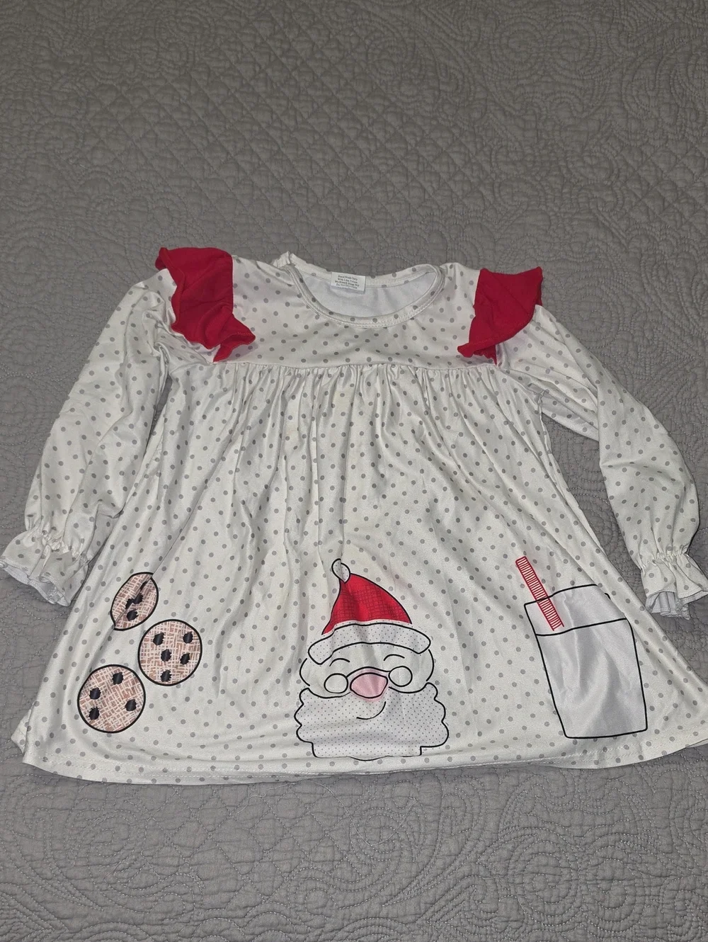 Boutique Girls White Polka Dot Santa Tunic with Red Ruffle Shoulders